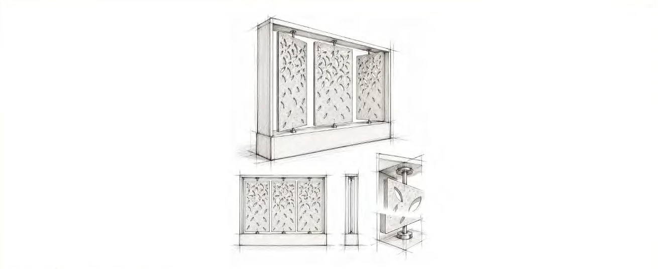 Entwurfsskizze drehbarer Akustikpaneele